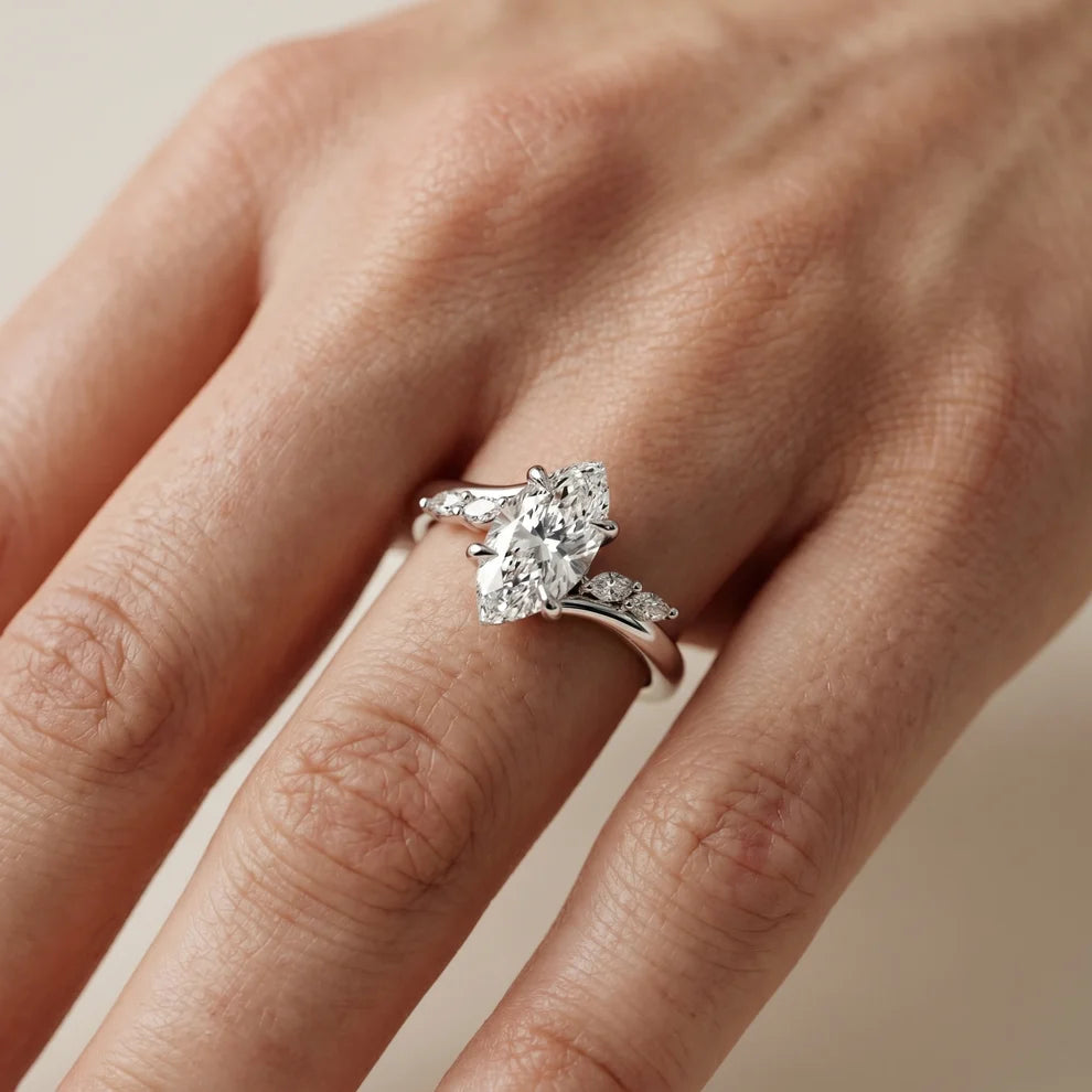 Flora Twist Side Stone Marquise Diamond Engagement & Wedding Ring
