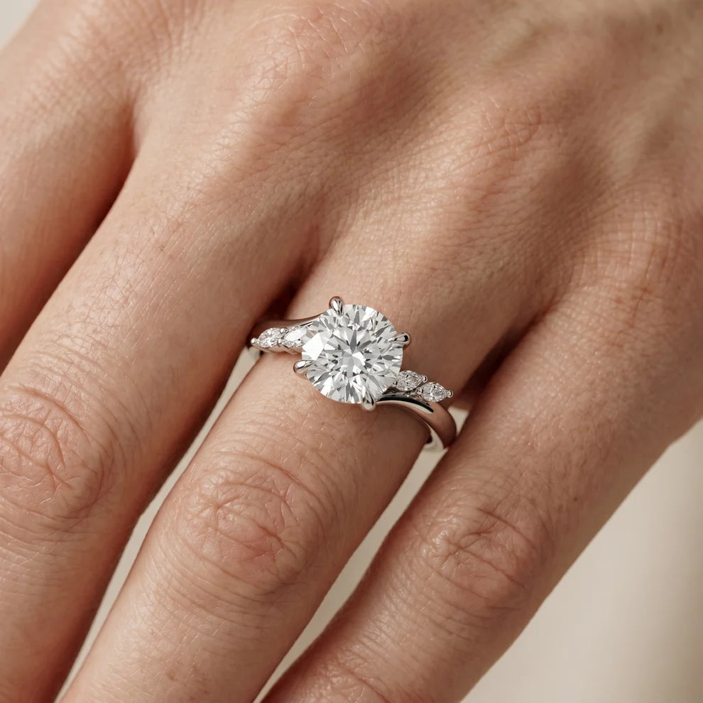Flora Twist Side Stone Round Diamond Engagement & Wedding Ring