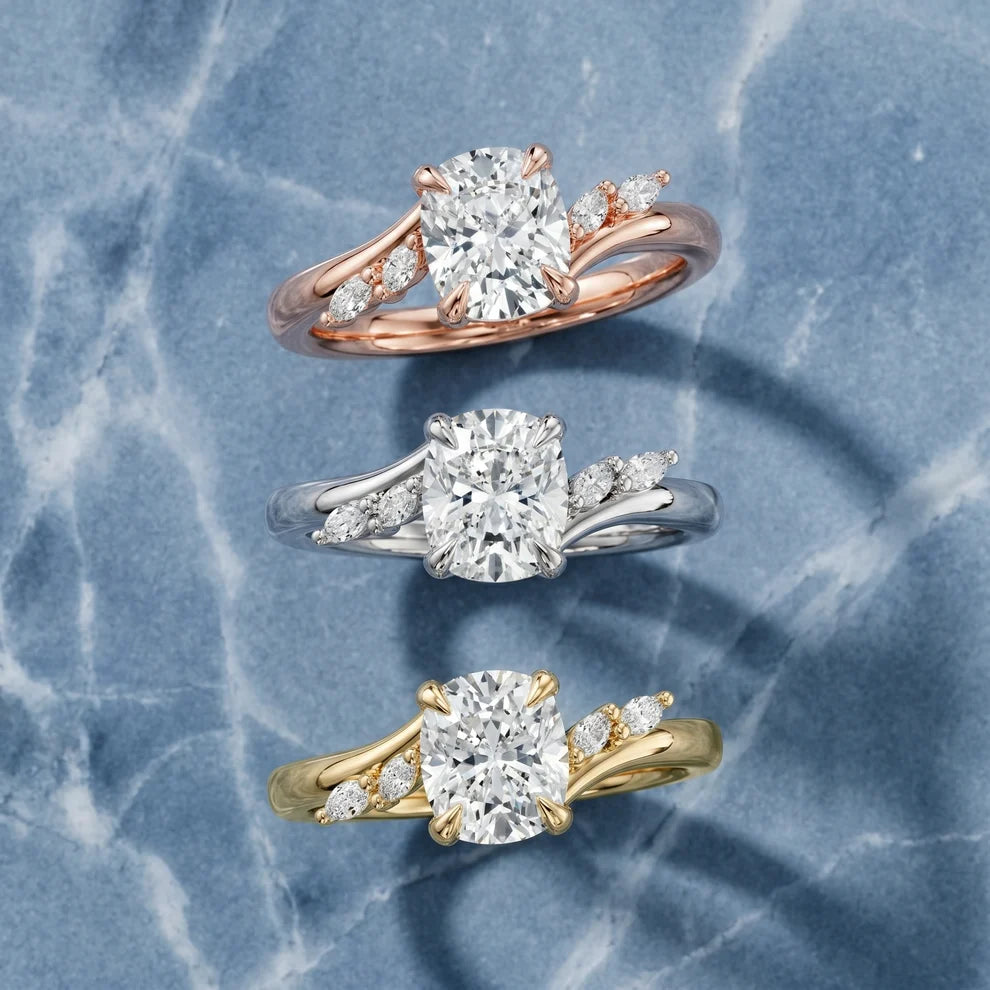 Flora Twist Side Stone Cushion Diamond Engagement & Wedding Ring