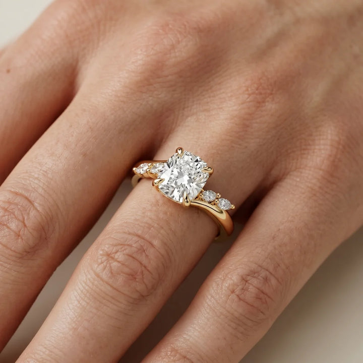 Flora Twist Side Stone Cushion Diamond Engagement & Wedding Ring