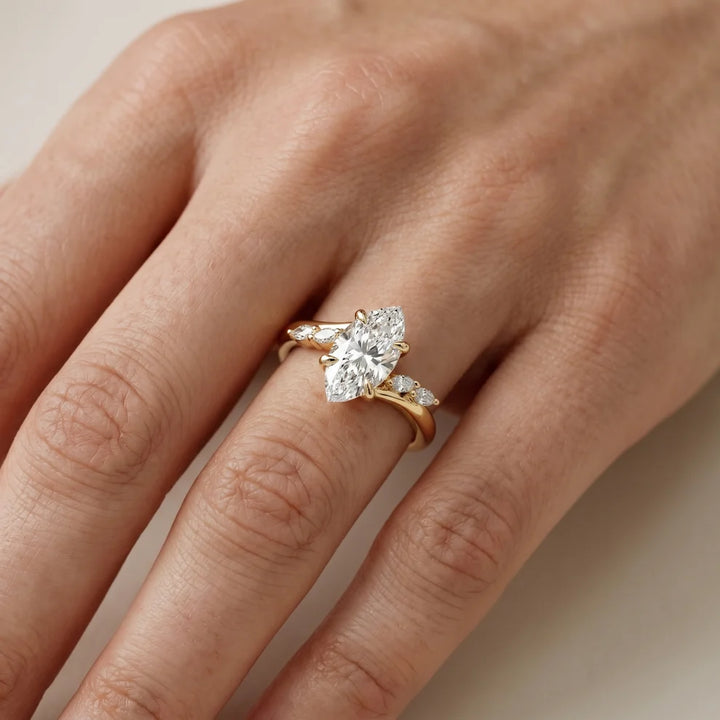 Flora Twist Side Stone Marquise Diamond Engagement & Wedding Ring
