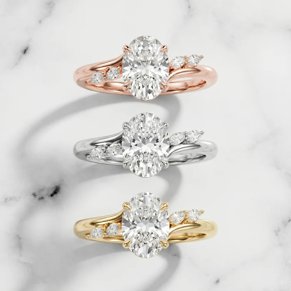 Flora Twist Side Stone Oval Diamond Engagement & Wedding Ring