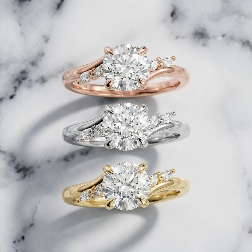 Flora Twist Side Stone Round Diamond Engagement & Wedding Ring