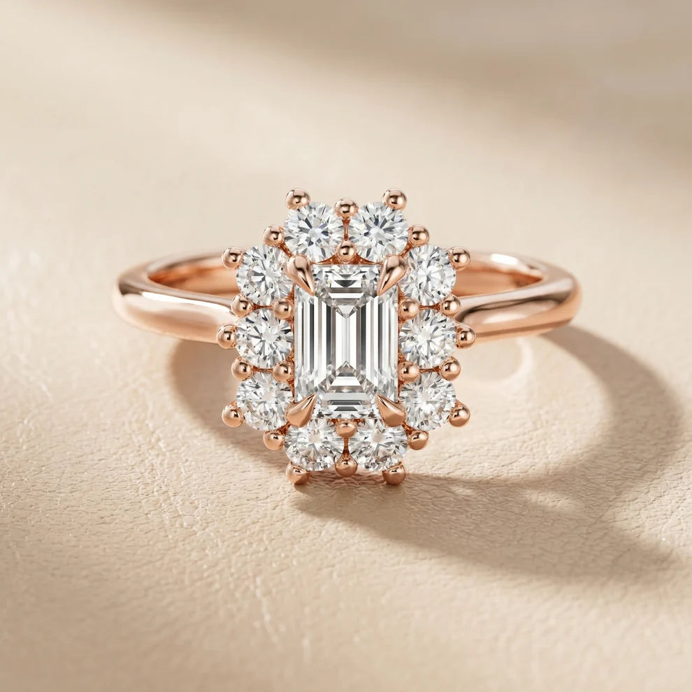 Halo Glow Emerald Diamond Engagement & Wedding Ring