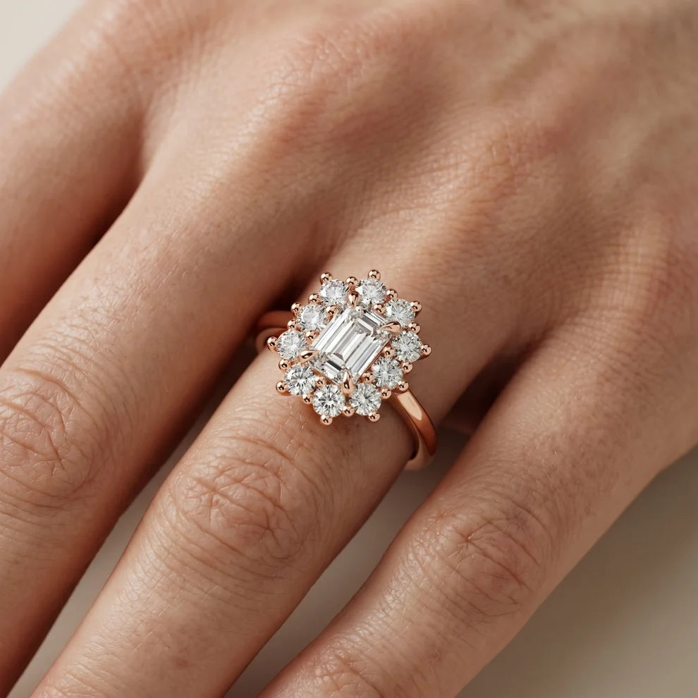 Halo Glow Emerald Diamond Engagement & Wedding Ring