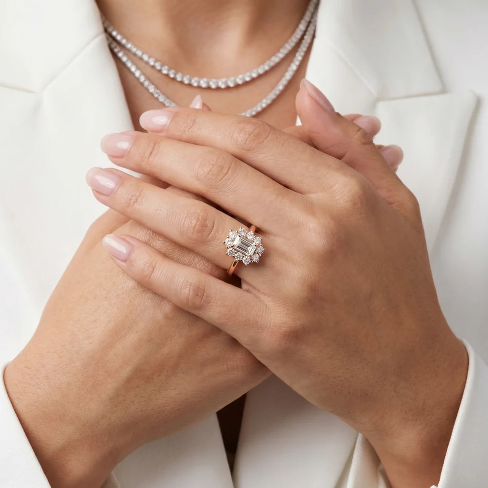 Halo Glow Emerald Diamond Engagement & Wedding Ring