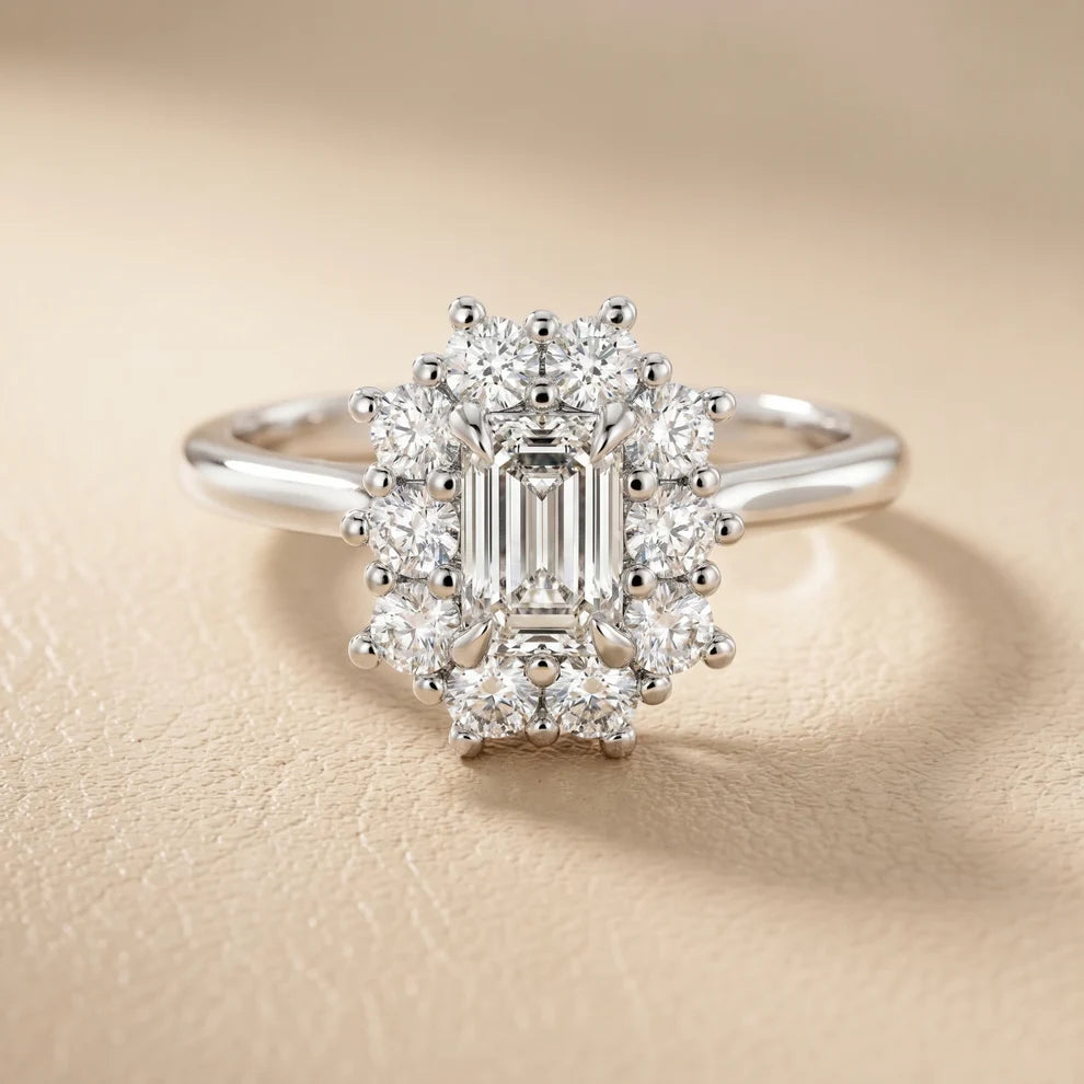 Halo Glow Emerald Diamond Engagement & Wedding Ring
