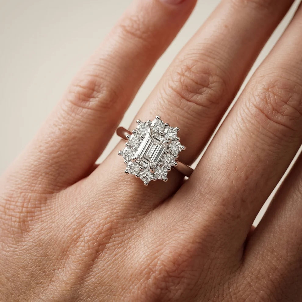 Halo Glow Emerald Diamond Engagement & Wedding Ring