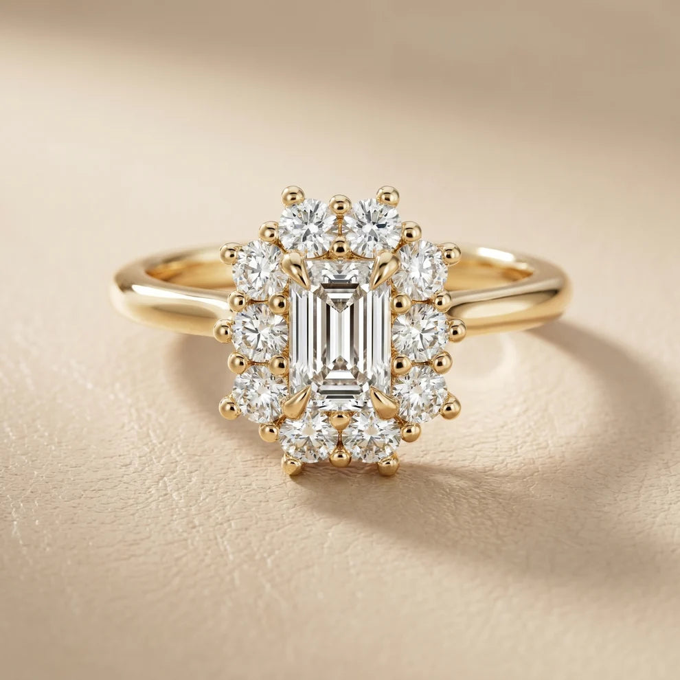 Halo Glow Emerald Diamond Engagement & Wedding Ring