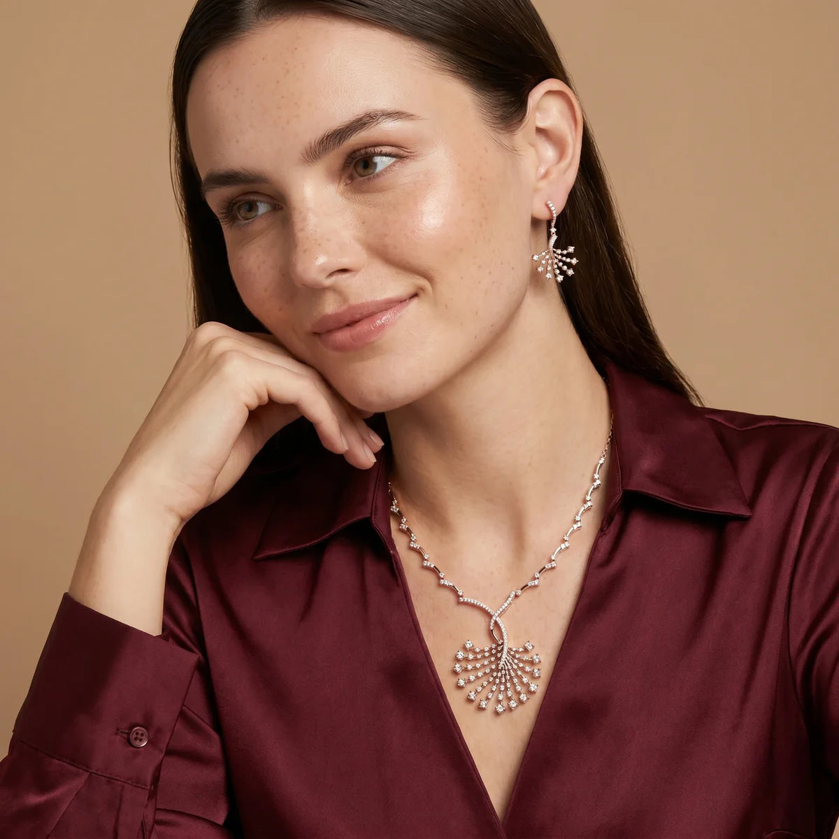 Rose Gold Diamond Fan Design Necklace & Drop Earrings Set in 925 Silver