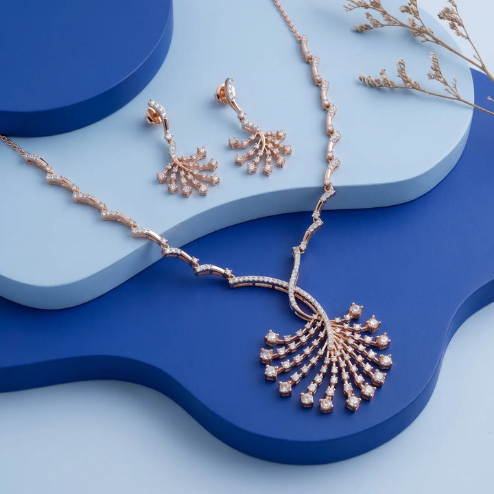 Rose Gold Diamond Fan Design Necklace & Drop Earrings Set in 925 Silver