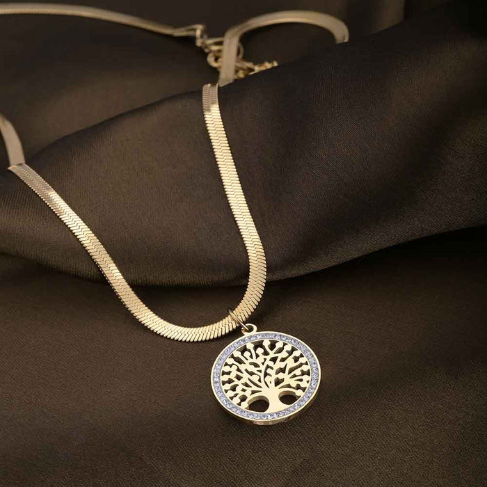 Tree of Life Disc Pendant Herringbone Necklace in 10K / 14K / 18K Yellow Gold