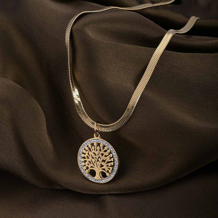 Tree of Life Disc Pendant Herringbone Necklace in 10K / 14K / 18K Yellow Gold
