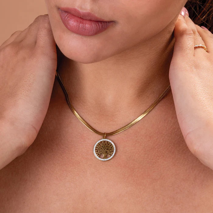 Tree of Life Disc Pendant Herringbone Necklace in 10K / 14K / 18K Yellow Gold
