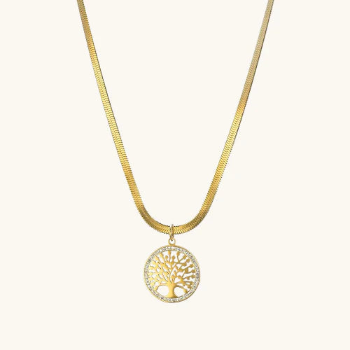 Tree of Life Disc Pendant Herringbone Necklace in 10K / 14K / 18K Yellow Gold