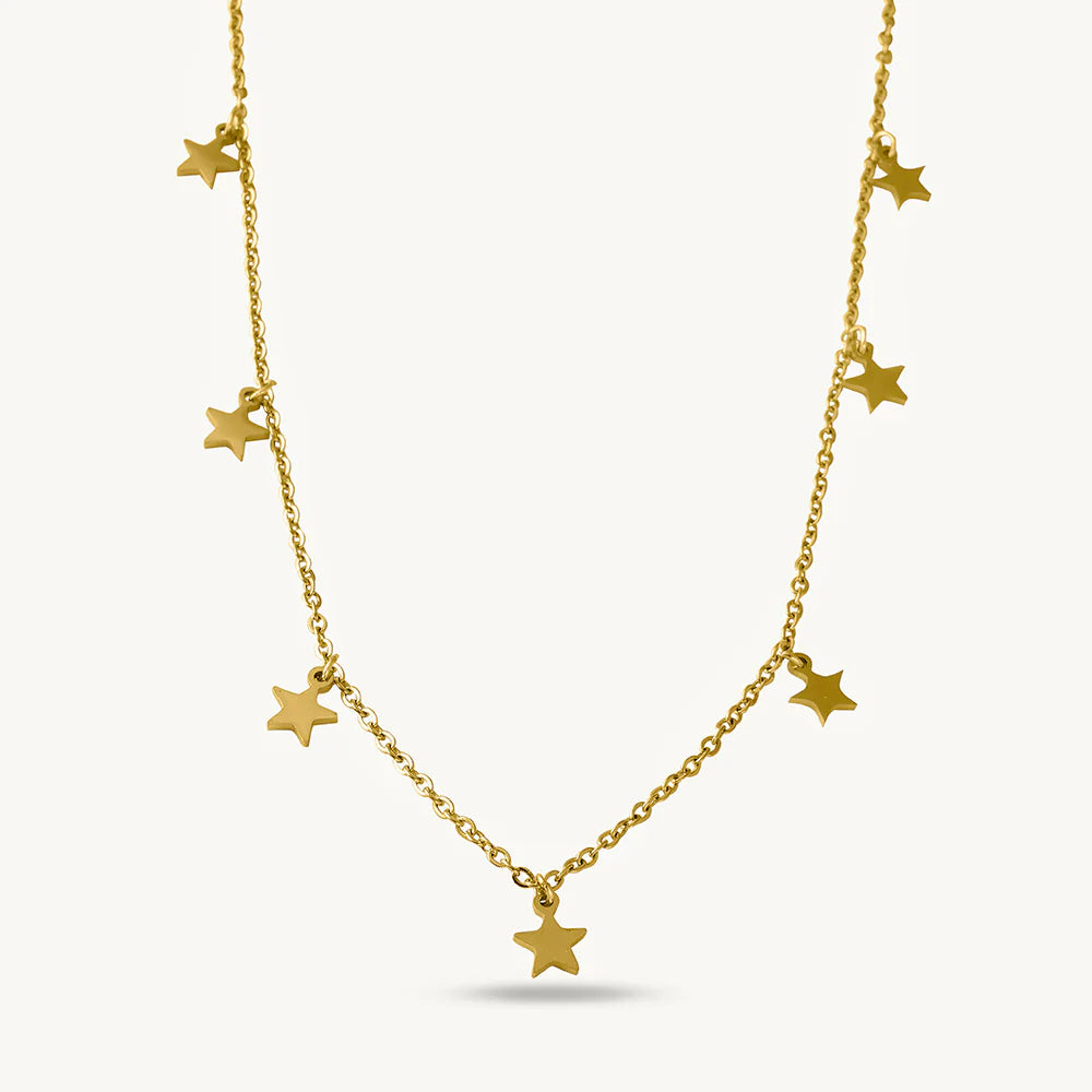 Multi Star Charm Drop Necklace in 10K / 14K / 18K Yellow Gold