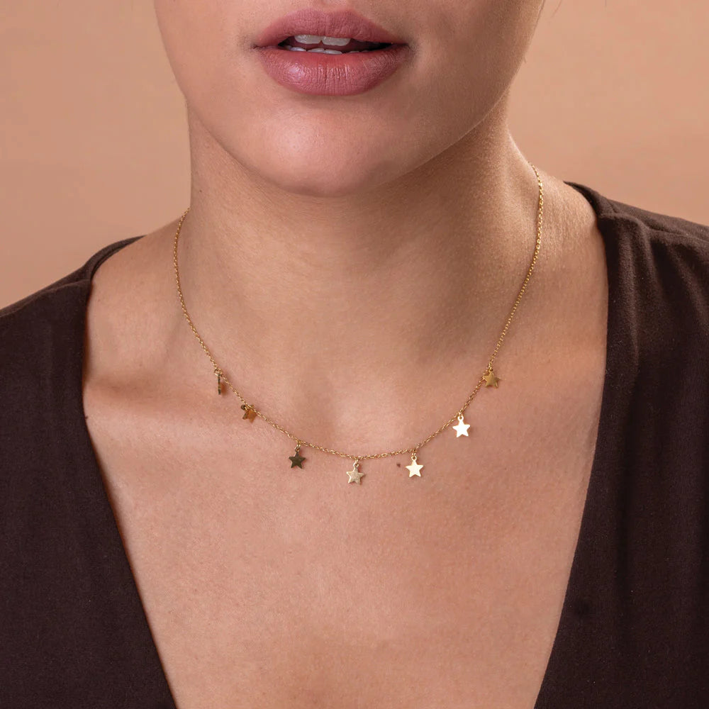 Multi Star Charm Drop Necklace in 10K / 14K / 18K Yellow Gold