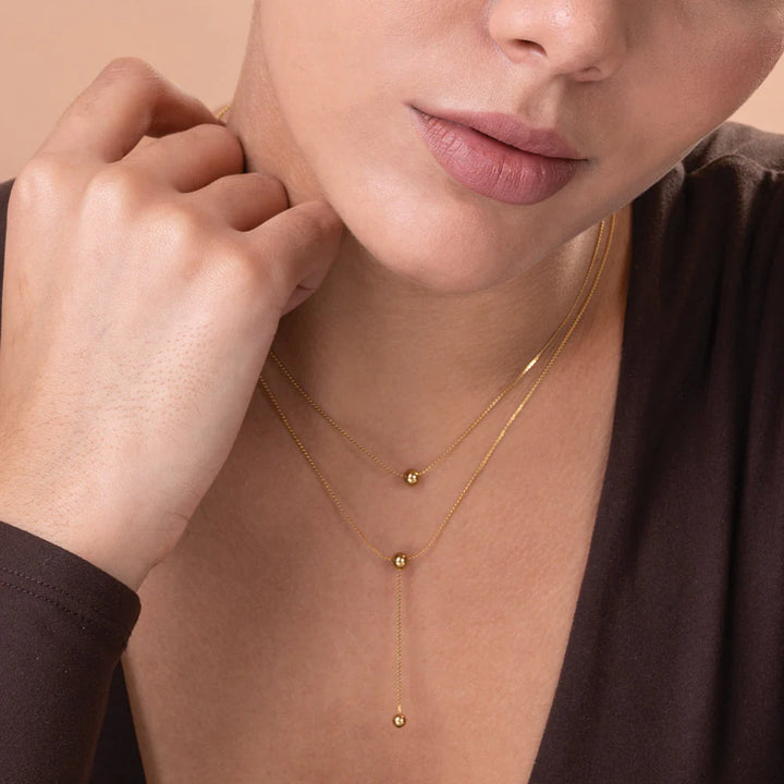 Double Layer Lariat Ball Drop Necklace in 10K / 14K / 22K Yellow Gold