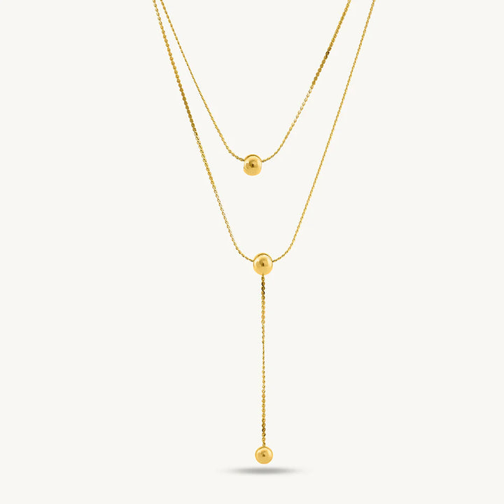 Double Layer Lariat Ball Drop Necklace in 10K / 14K / 22K Yellow Gold