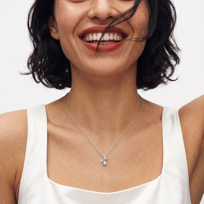 Graduated Diamond Bow &amp; Pearl Drop Pendant Necklace in 925 Sterling Silver