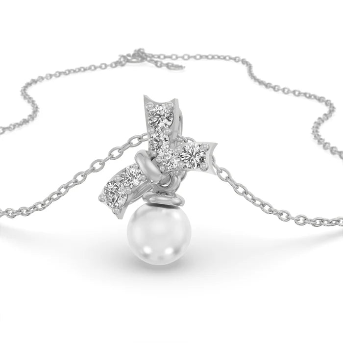Graduated Diamond Bow &amp; Pearl Drop Pendant Necklace in 925 Sterling Silver