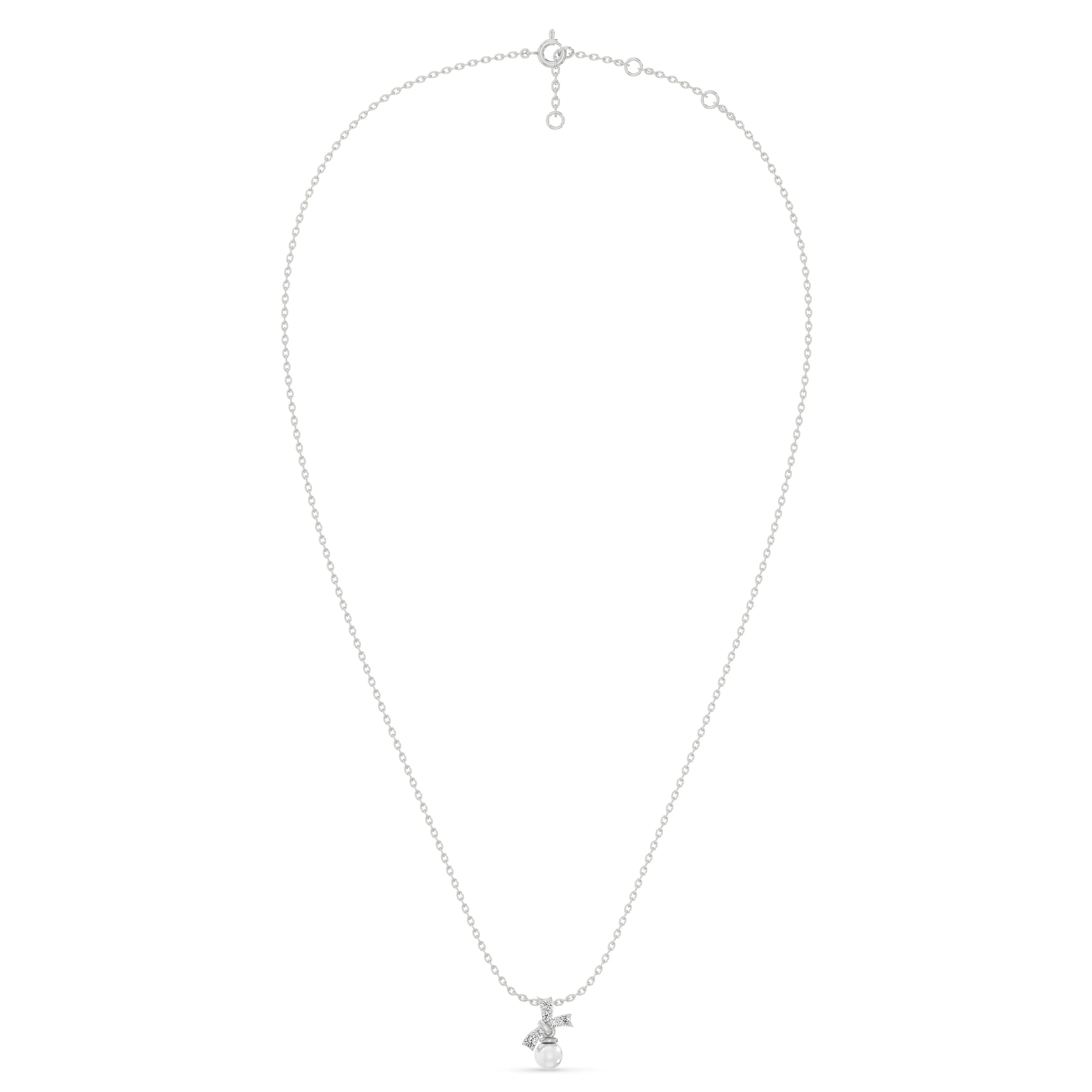 Graduated Diamond Bow &amp; Pearl Drop Pendant Necklace in 925 Sterling Silver