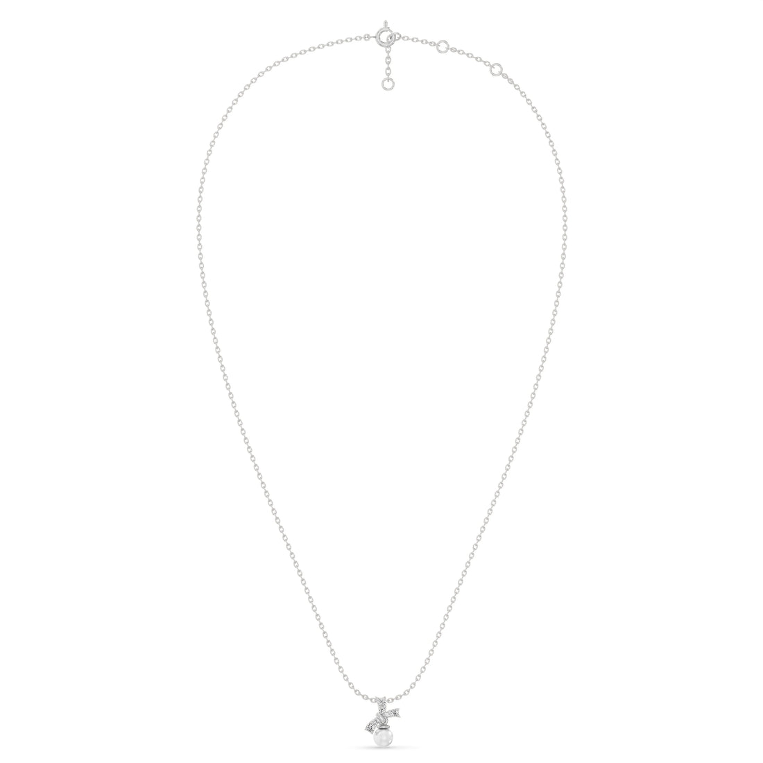 Graduated Diamond Bow &amp; Pearl Drop Pendant Necklace in 925 Sterling Silver