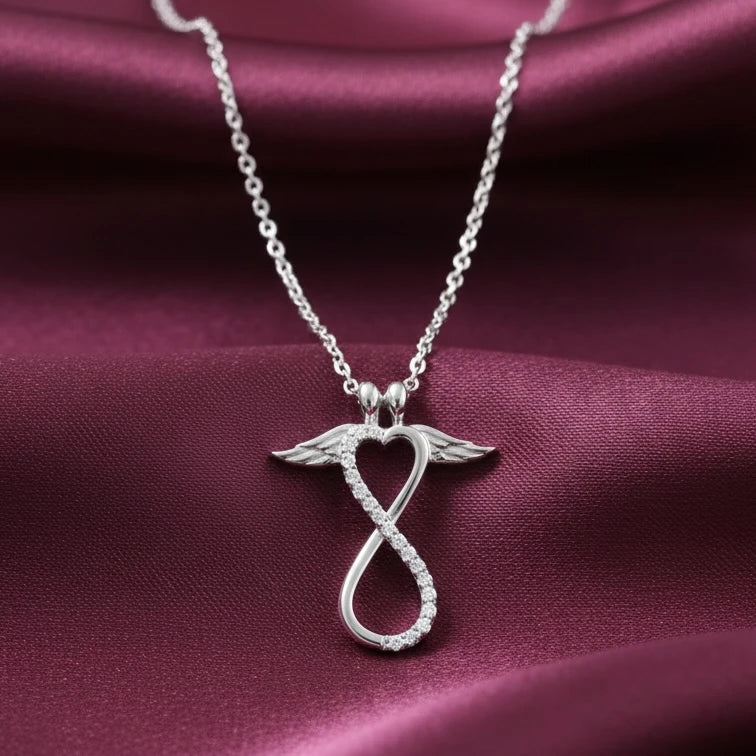 Angel Wing Infinity Heart Pendant Necklace in Sterling Silver
