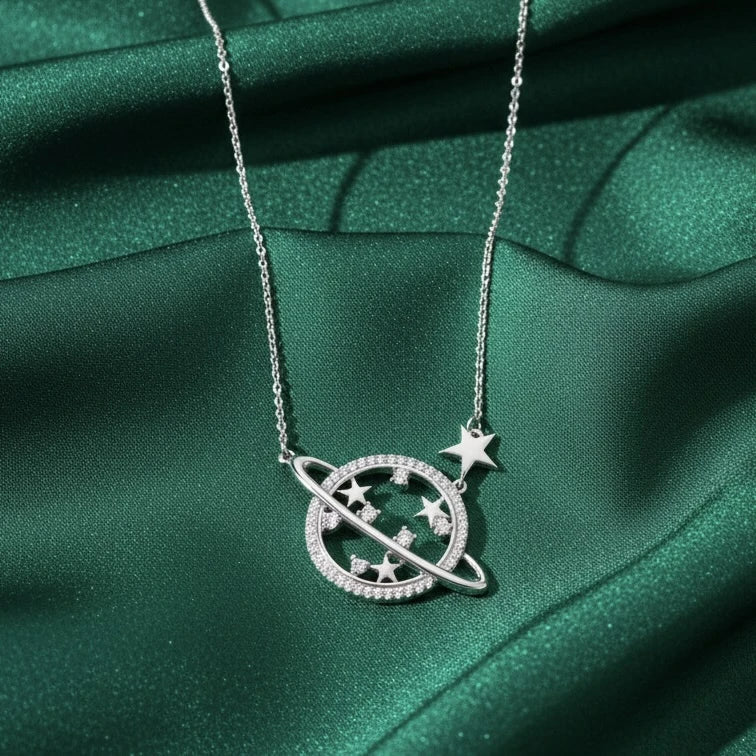 Celestial Planet Saturn Star Necklace in 925 Sterling Silver