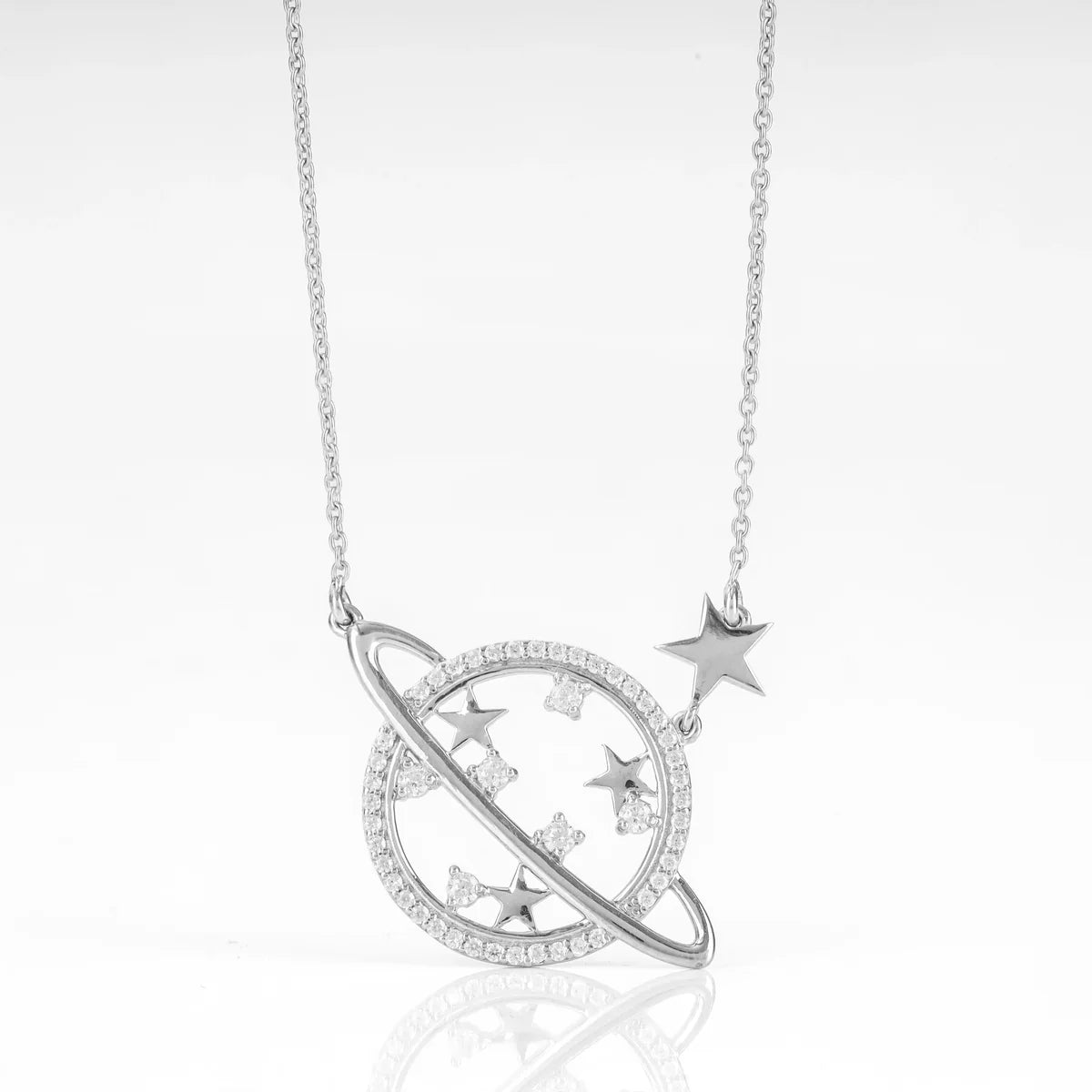 Celestial Planet Saturn Star Necklace in 925 Sterling Silver