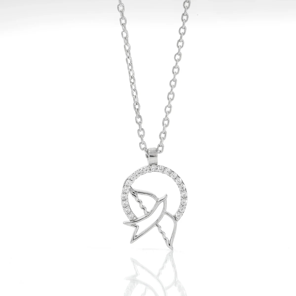 Flying Bird Circle Pendant Necklace in Sterling Silver