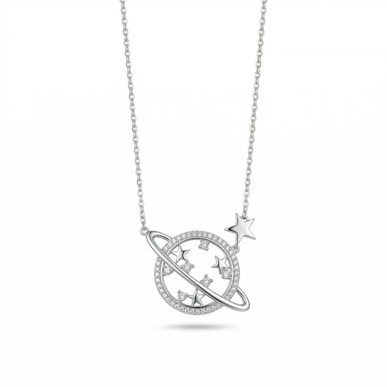 Celestial Planet Saturn Star Necklace in 925 Sterling Silver
