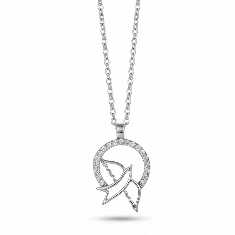 Flying Bird Circle Pendant Necklace in Sterling Silver