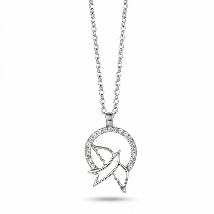 Flying Bird Circle Pendant Necklace in Sterling Silver