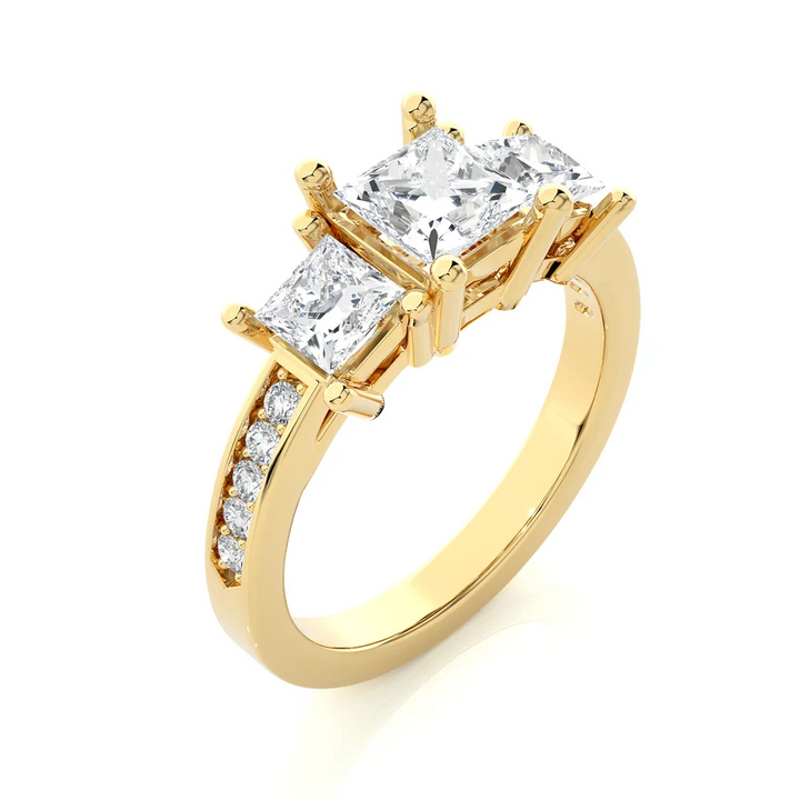 Princess Cut Three Stone Diamond Engagement Ring | Solid Yellow Gold | Channel-Set Diamond Band | Classic Trilogy Ring | Gift for Her