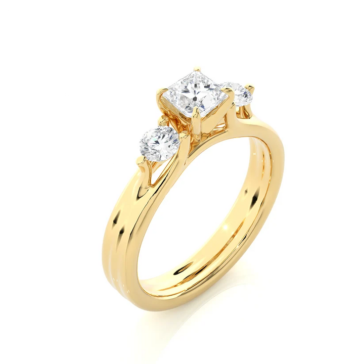 Princess Cut Three Stone Diamond Engagement Ring | Solid Yellow Gold | Round Side Diamonds | Classic Trilogy Ring | Gift for Her