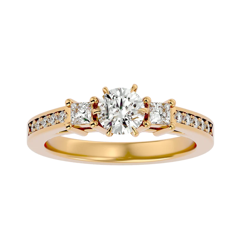 Round & Princess Cut Three Stone Diamond Ring – Solid Yellow Gold