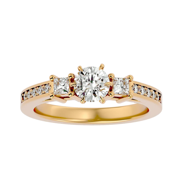 Round & Princess Cut Three Stone Diamond Ring – Solid Yellow Gold