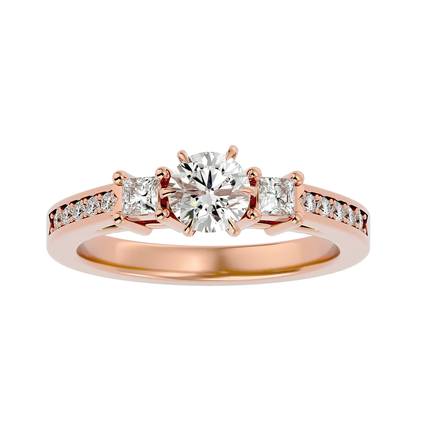 Round & Princess Cut Three Stone Diamond Ring – Solid Yellow Gold