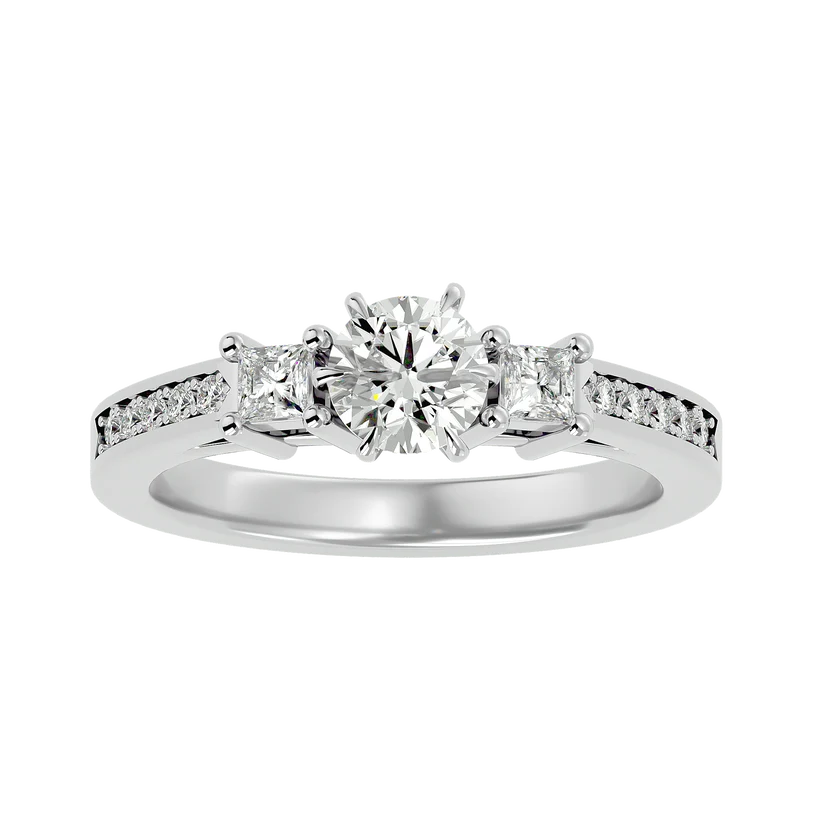 Round & Princess Cut Three Stone Diamond Ring – Solid Yellow Gold