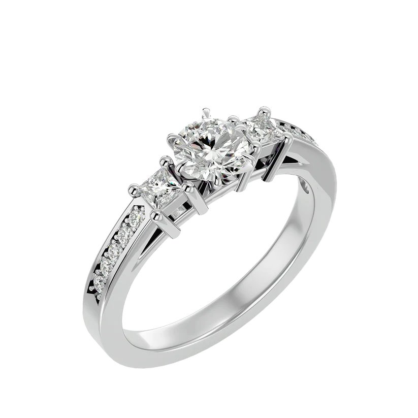 Round & Princess Cut Three Stone Diamond Ring – Solid Yellow Gold