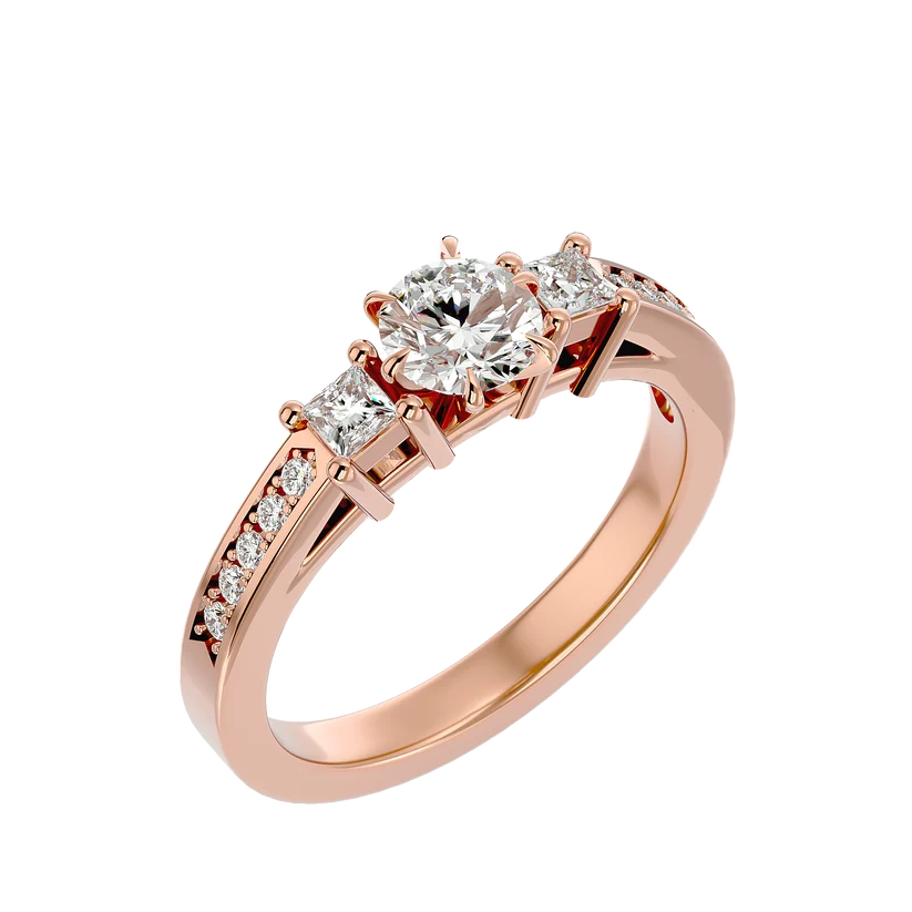 Round & Princess Cut Three Stone Diamond Ring – Solid Yellow Gold