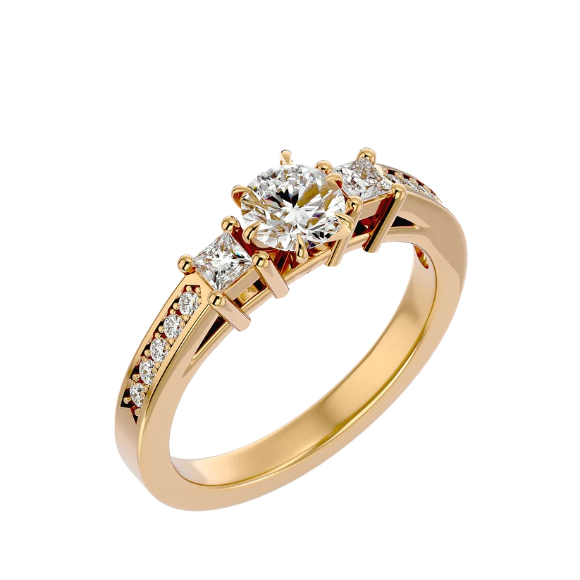 Round & Princess Cut Three Stone Diamond Ring – Solid Yellow Gold