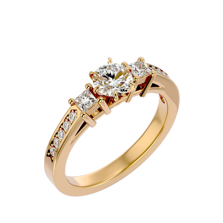Round & Princess Cut Three Stone Diamond Ring – Solid Yellow Gold