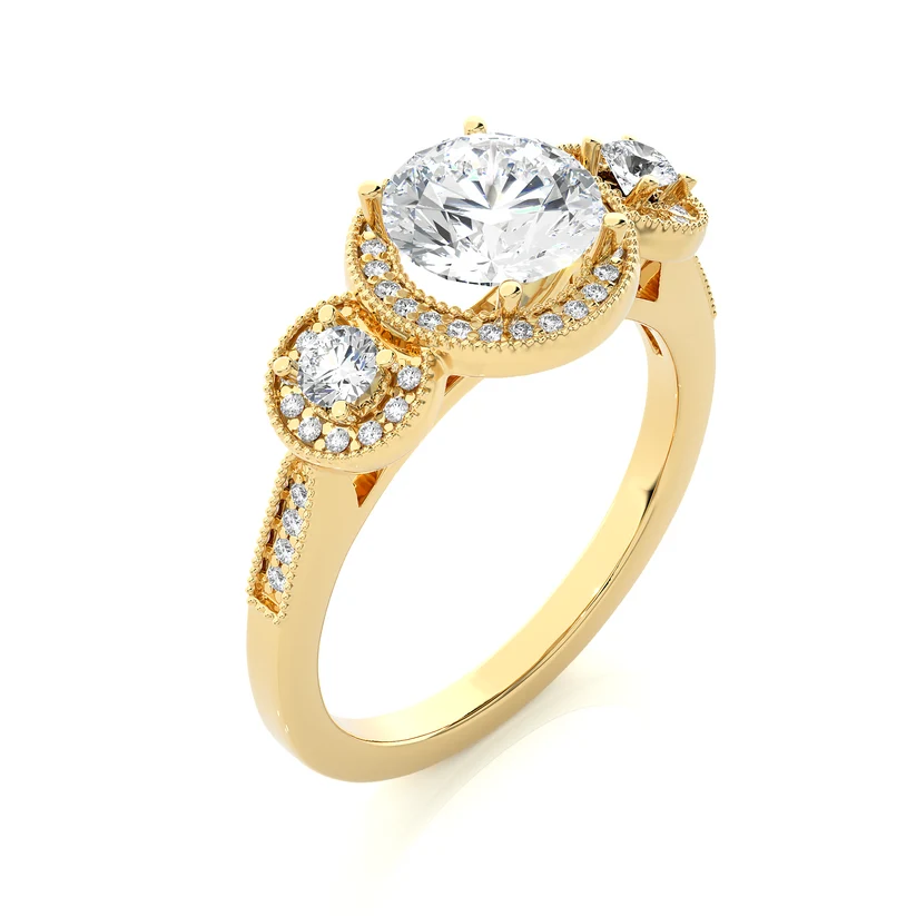 Vintage Three Stone Round Diamond Halo Engagement Ring | Solid Yellow Gold | Milgrain Diamond Ring | Classic Bridal Jewelry | Gift for Her
