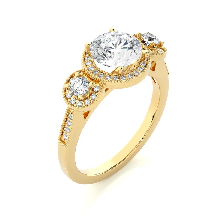 Vintage Three Stone Round Diamond Halo Engagement Ring | Solid Yellow Gold | Milgrain Diamond Ring | Classic Bridal Jewelry | Gift for Her