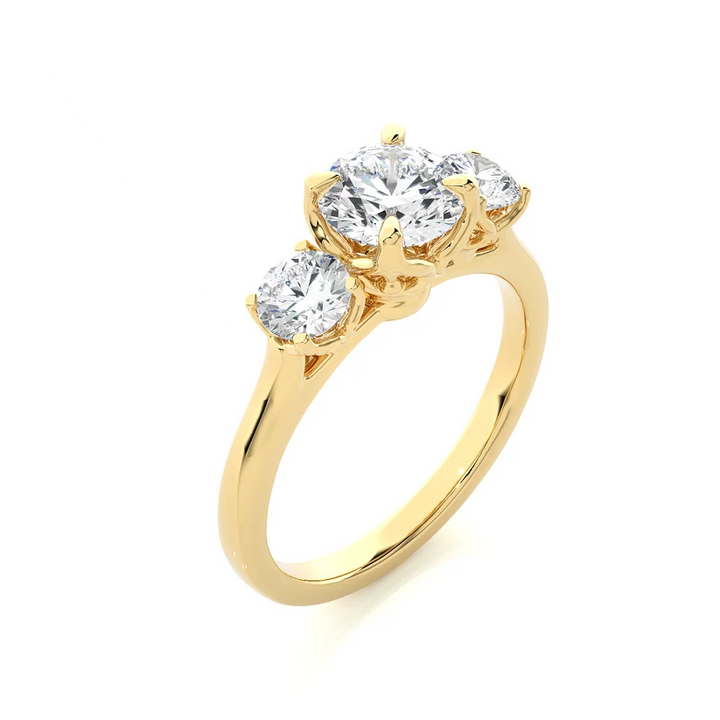 Round Brilliant Three Stone Diamond Engagement Ring | Solid Yellow Gold | Classic Trilogy Ring | Timeless Diamond Ring | Gift for Her