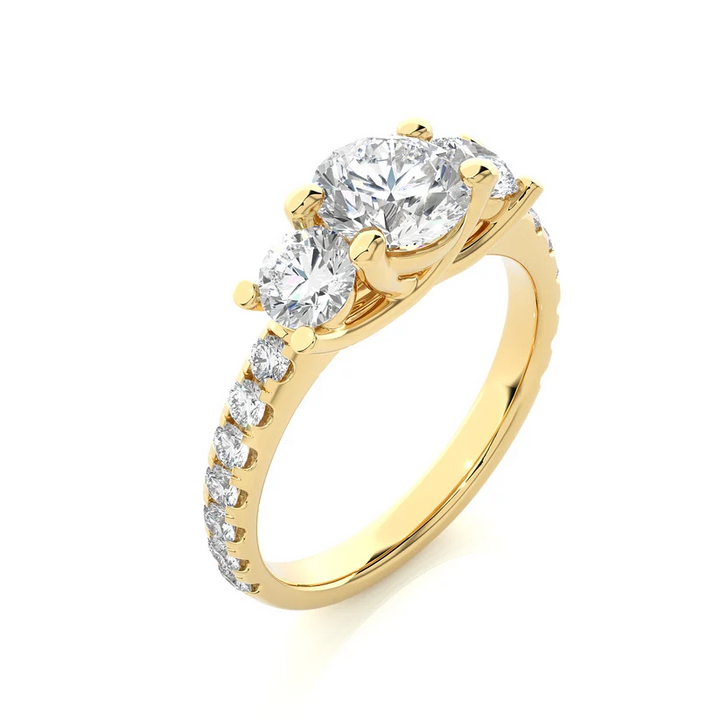 Three Stone Round Diamond Engagement Ring with Pavé Band in Solid Yellow Gold
