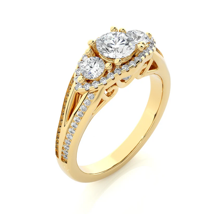 Round Three Stone Halo Diamond Engagement Ring | Solid Yellow Gold | Split Shank Pavé Band | Classic Bridal Ring