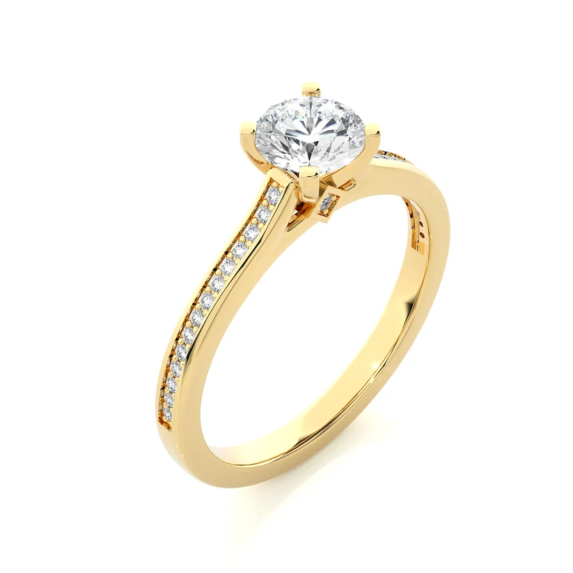 Round Solitaire Diamond Pavé Engagement Ring in Yellow Gold